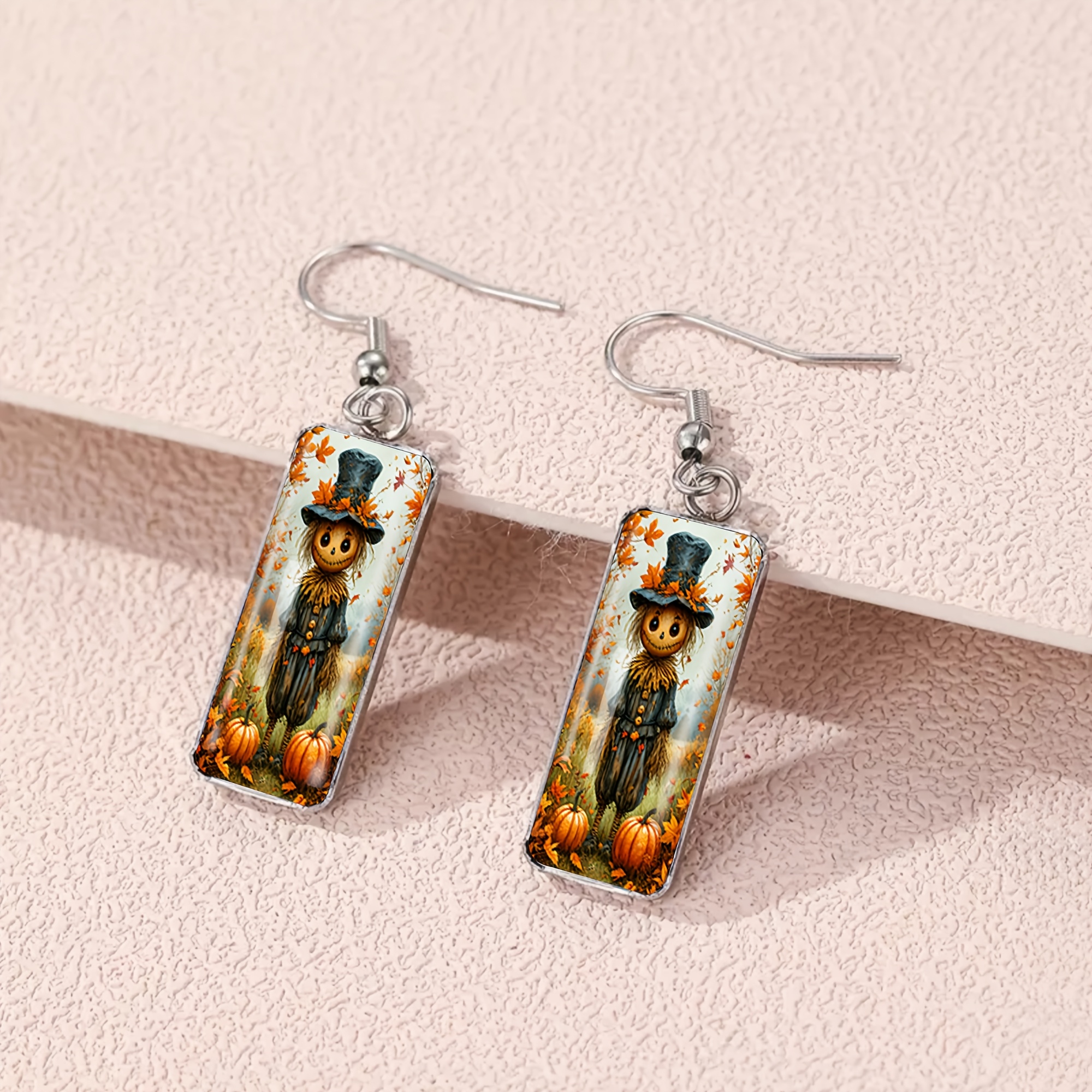 Maple Leaf, Pumpkin & Scarecrow Pattern Long Drop Earrings